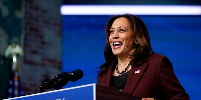 FILE: Vice President-elect Kamala Harris speaks as she and President-elect Joe Biden introduce their nominees and appointees to key national security and foreign policy positions at the Queen Theater, Wilmington, Del. 