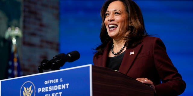 FILE: Vice President-elect Kamala Harris speaks as she and President-elect Joe Biden introduce their nominees and appointees to key national security and foreign policy positions at the Queen Theater, Wilmington, Del. 