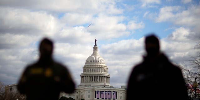 Law enforcement stand near the Capitol ahead of the inauguration of President-elect Joe Biden and Vice President-elect Kamala Harris, Sunday, Jan. 17, 2021, in Washington. (AP Photo/David Goldman)