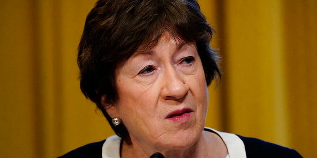 Sen. Susan Collins, R-Maine, speaks during a confirmation hearing for President-elect Joe Biden’s pick for national intelligence director Avril Haines before the Senate intelligence committee on Tuesday, Jan. 19, 2021, in Washington. (Melina Mara/The Washington Post via AP, Pool)