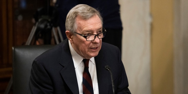 Sen. Dick Durbin, D-Ill., introduces Secretary of State nominee Antony Blinken during his confirmation hearing before the Senate Foreign Relations Committee on Capitol Hill in Washington, Tuesday, Jan. 19, 2021. (Graeme Jennings/Pool via AP)