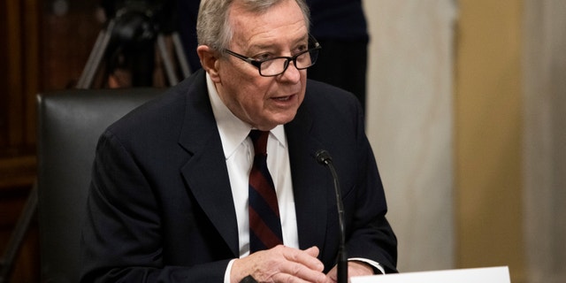 Sen. Dick Durbin, D-Ill., introduces Secretary of State nominee Antony Blinken during his confirmation hearing to be Secretary of State before the Senate Foreign Relations Committee on Capitol Hill in Washington, Tuesday, Jan. 19, 2021. (Graeme Jennings/Pool via AP)