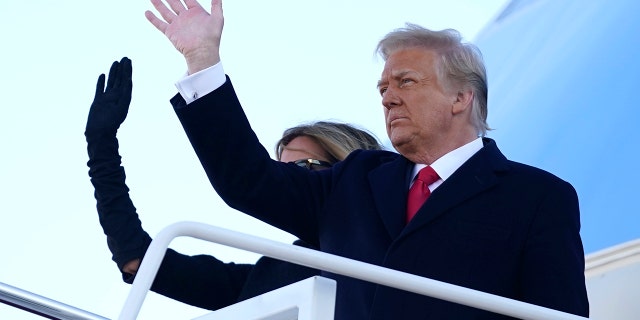 President Donald Trump and First Lady Melania Trump board Air Force One at Andrews Air Force Base, Md. On Wednesday, January 20, 2021. Amazon has had communications with the Centers for Disease Control and Prevention and other Trump administration officials on vaccine distribution, Fox News is briefed, but sources said no formal letter or offer was made.  (AP Photo / Manuel Balce Ceneta)