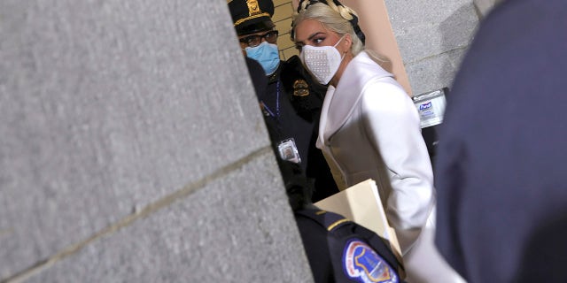 Lady Gaga arrives on the Western Front of the U.S. Capitol ahead of President-elect Joe Biden's inauguration ceremony on Wednesday, January 20, 2021, in Washington. 