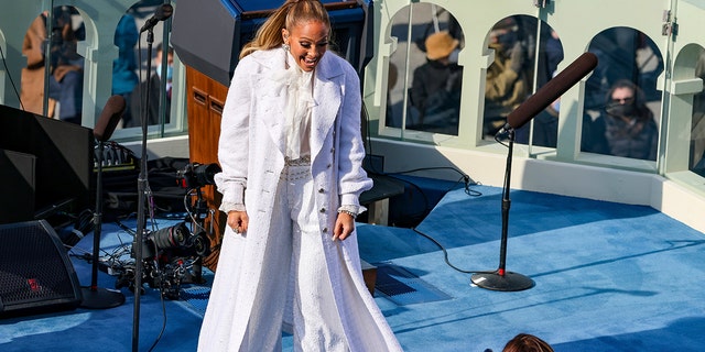 Singer Jennifer Lopez greets Vice President-elect Kamala Harris at President-elect Joe Biden's inauguration on Wednesday, January 20, 2021, at the U.S. Capitol in Washington.  (Associated press)