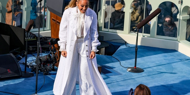 Singer Jennifer Lopez greets Vice President-elect Kamala Harris at President-elect Joe Biden's inauguration on Wednesday, January 20, 2021, at the U.S. Capitol in Washington.  (Associated press)