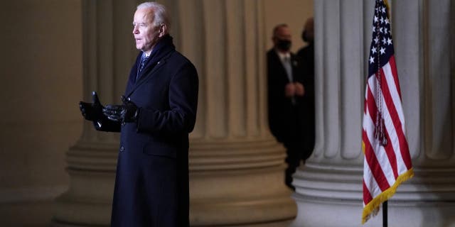 President Joe Biden addresses the nation at the Celebrating America concert at the Lincoln Memorial in Washington, Wednesday, Jan. 20, 2021, after his inauguration.. (Joshua Roberts/Pool photo via AP)