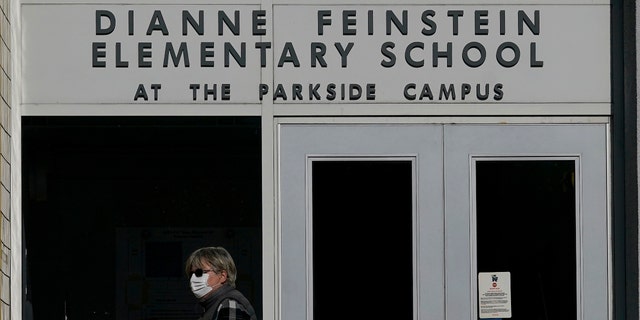 A pedestrian walks below a sign for Dianne Feinstein Elementary School in San Francisco on Dec. 17, 2020. (AP Photo/Jeff Chiu)