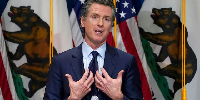FILE: California Gov. Gavin Newsom outlines his 2021-2022 state budget proposal during a news conference in Sacramento, Calif.
