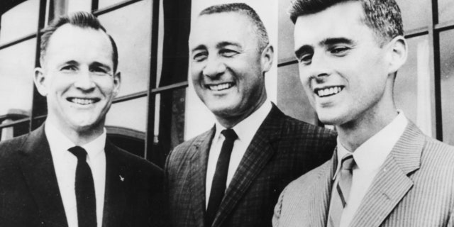 Portrait of Apollo 1 astronauts (L-R) Edward H White, Virgil I Grissom And Roger Chaffee, 1967. Printed following their death in a fire during training, January 27th 1967. (Photo by Keystone/Hulton Archive/Getty Images)