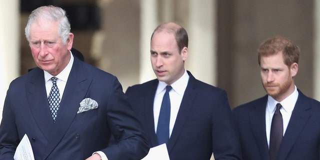 Prince Harry (right) stepped back as a senior royal. His father, Prince Charles (left), and brother, Prince William (center), will both serve as king in the future. (Photo by Chris Jackson/Getty Images)