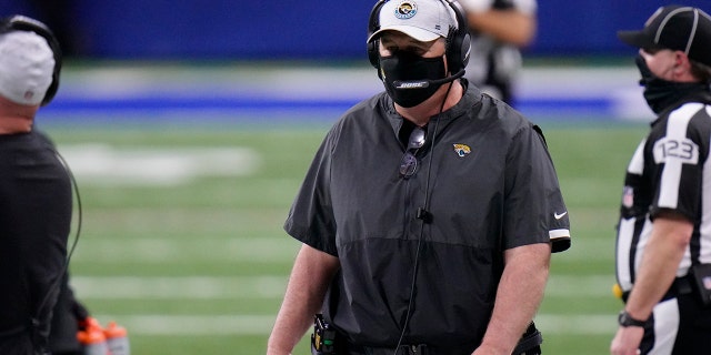 Jacksonville Jaguars head coach Doug Marrone watches during the first half of an NFL football game against the Indianapolis Colts, Sunday, Jan. 3, 2021, in Indianapolis. (AP Photo/AJ Mast)