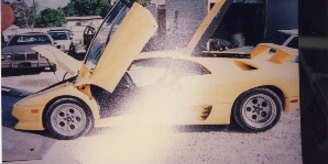Frank Griga's yellow Lamborghini is shown in evidence photos.