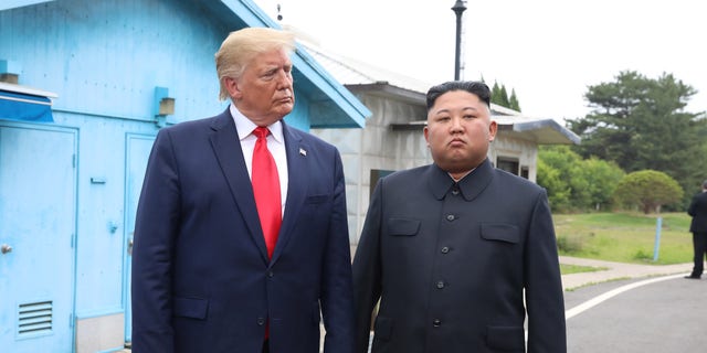 A photo provided by Dong-A Ilbo of North Korean leader Kim Jong Un and US President Donald Trump inside the Demilitarized Zone (DMZ) separating South Korea and North Korea on June 30, 2019 in Panmunjom, in South Korea.  (Handout photo by Dong-A Ilbo via Getty Images / Getty Images)