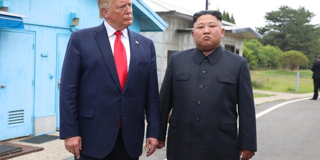 A photo provided by Dong-A Ilbo of North Korean leader Kim Jong Un and US President Donald Trump inside the Demilitarized Zone (DMZ) separating South Korea and North Korea on June 30, 2019 in Panmunjom, in South Korea.  (Handout photo by Dong-A Ilbo via Getty Images / Getty Images)