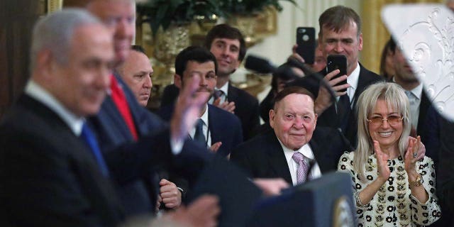 President Trump and Israeli Prime Minister Benjamin Netanyahu participate in an East Room event at the White House as Founder, Chairman and CEO of Las Vegas Sands Sheldon Adelson and his wife Miriam Ochsorn look on Jan 28, 2020 in Washington, D.C. (Photo by Alex Wong/Getty Images)