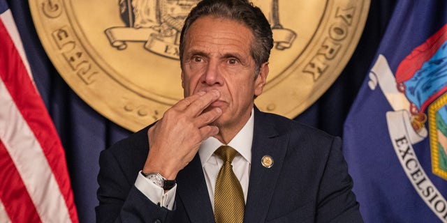Andrew Cuomo, governor of New York, pauses while speaking during a news conference in New York, Oct. 5, 2020. Photographer: Jeenah Moon/Bloomberg via Getty Images