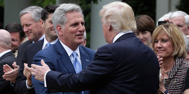 Then-President Donald Trump (R) greets Rep. Kevin McCarthy (R-CA) (L) during a Rose Garden event May 4, 2017 at the White House.