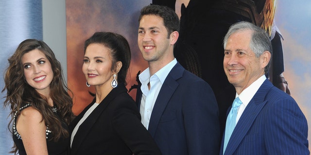 Actress Lynda Carter with daughter Jessica Altman, son James Altman and husband Robert A. Altman at the premiere of "Wonder Woman" on May 25, 2017, in Hollywood, California.