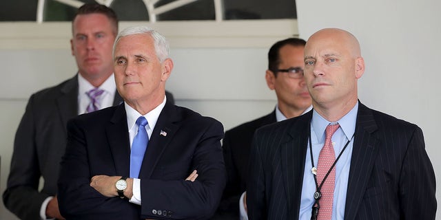 U.S. Vice President Mike Pence and White House Director of Legislative Affairs Marc Short attend a news conference with U.S. President Donald Trump and Lebanese Prime Minister Saad Hariri in the Rose Garden at the White House July 25, 2017 in Washington, D.C. (Photo by Chip Somodevilla/Getty Images)