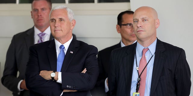 U.S. Vice President Mike Pence and White House Director of Legislative Affairs Marc Short attend a news conference with U.S. President Donald Trump and Lebanese Prime Minister Saad Hariri in the Rose Garden at the White House July 25, 2017 in Washington, D.C. (Photo by Chip Somodevilla/Getty Images)