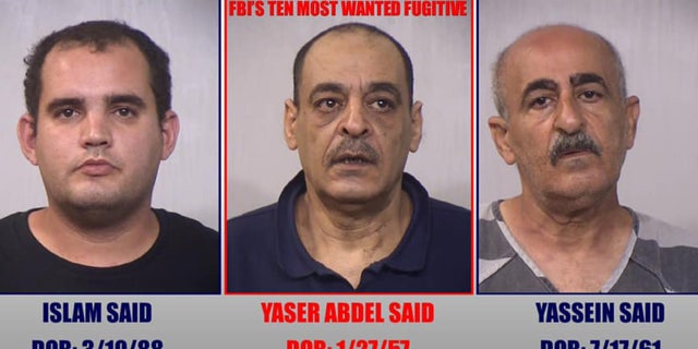 Mugshots of Yaser Abdel Said, middle, his son Islam, left, and brother Yassein, right. Islam and Yassein were both arrested for harboring a fugitive. 