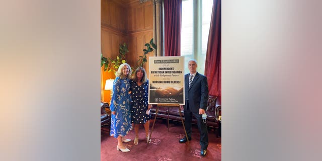 Janice Dean joins her husband and his sister Donna as they call on New York State lawmakers to initiate an independent nursing home investigation in Albany, New York in August, 2020.