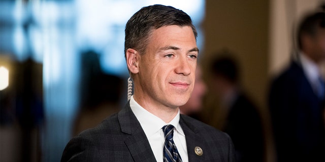 Rep. Jim Banks, R-Ind., does a television interview in the Capitol on Wednesday, Sept. 27, 2017. (Bill Clark/CQ Roll Call)