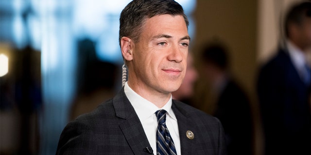UNITED STATES - SEPTEMBER 27: Rep. Jim Banks, R-Ind., does a television interview in the Capitol on Wednesday, Sept. 27, 2017. (Photo By Bill Clark/CQ Roll Call)