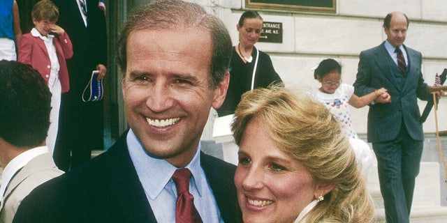 Sen. Joe Biden after announcing his candidacy for president in Wilimington, Delaware in June 1987, and taking the train to Washington D.C. The Senator and his wife Dr. Jill Biden make an appearance at the Dirkson Senate office building. Credit: Mark Reinstein