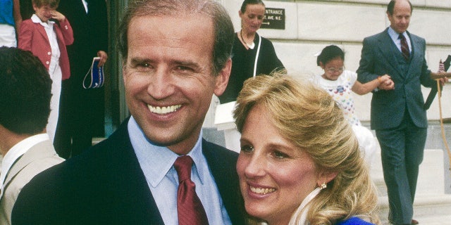 Sen. Joe Biden after announcing his candidacy for president in Wilimington, Delaware in June 1987, and taking the train to Washington D.C. The Senator and his wife Dr. Jill Biden make an appearance at the Dirkson Senate office building. Credit: Mark Reinstein