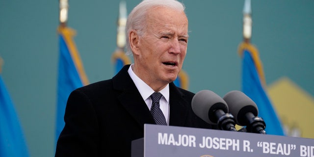 President-elect Joe Biden speaks at the Major Joseph R. "Beau" Biden III National Guard/Reserve Center, Tuesday, Jan. 19, 2021, in New Castle, Del. (AP Photo/Evan Vucci)