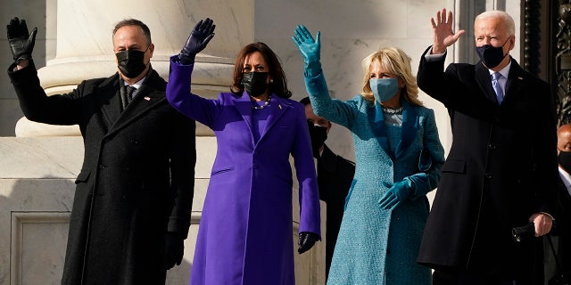 President-elect Joe Biden, his wife Jill Biden and Vice President-elect Kamala Harris and her husband Doug Emhoff arrive at the steps of the U.S. Capitol for the start of the official inauguration ceremonies, in Washington, Wednesday, Jan. 20, 2021. (AP Photo/J. Scott Applewhite)