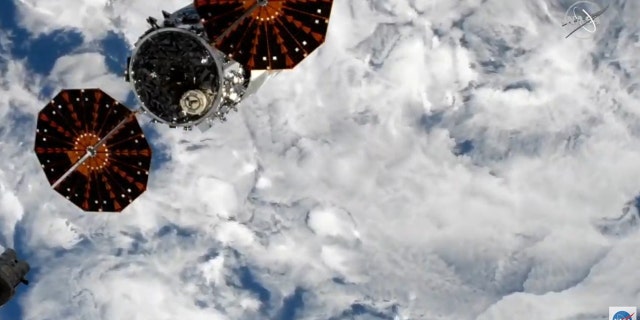 The Cygnus spacecraft shortly after its undocking from the International Space Station.