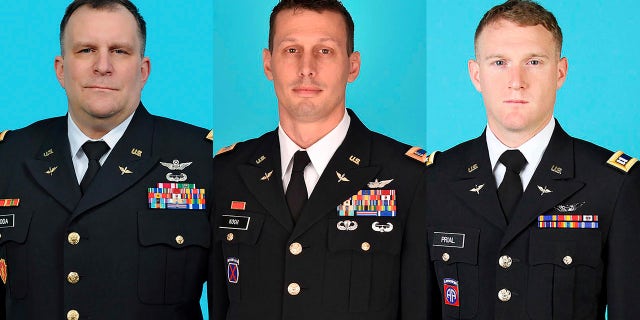 The photos in this combo, released by the New York State Division of Military and Naval Affairs, show the three National Guard members killed when a helicopter crashed in Mendon, NY, Wednesday, Jan. 20, 2021. They are, from left: Chief Warrant Officer 5 Steven Skoda, age 54, from Rochester, NY; Chief Warrant Officer 4 Christian Koch, age 39, from Honeoye Falls, NY; and Chief Warrant Officer Two Daniel Prial, age 30, from Rochester, NY. (New York State Division of Military and Naval Affairs via AP)