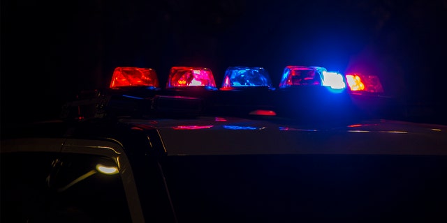 A stock photo of a police car at night with its sirens on.