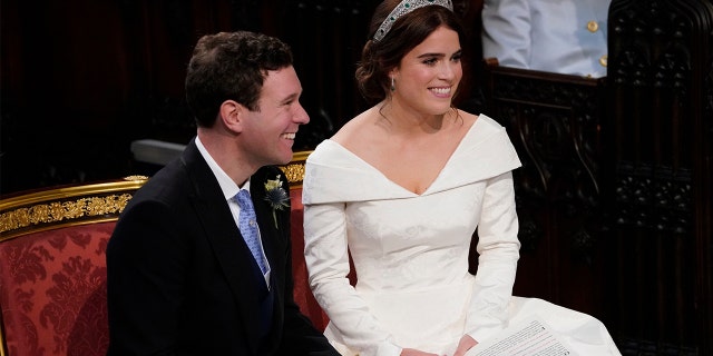 Britain's Princess Eugenie and Jack Brooksbank during their wedding ceremony in St George's Chapel, Windsor Castle, near London, England, on Friday 12 October 2018.