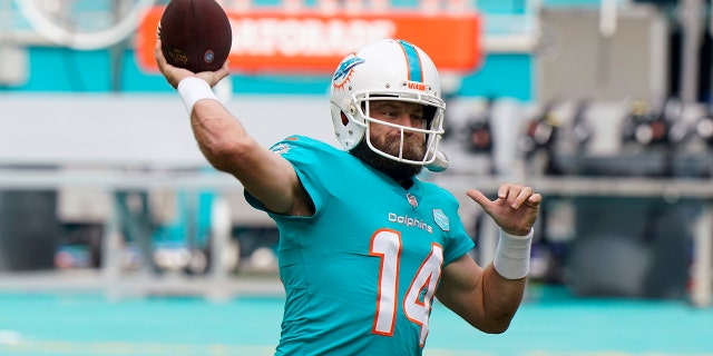 Miami Dolphins quarterback Ryan Fitzpatrick warms up before a game against the Cincinnati Bengals Dec. 6, 2020, in Miami Gardens, Fla. 