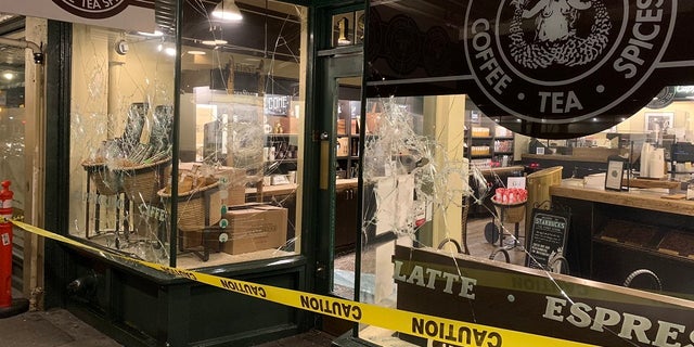 Starbucks' first location was damaged during an anti-Biden protest in Seattle on Wednesday.