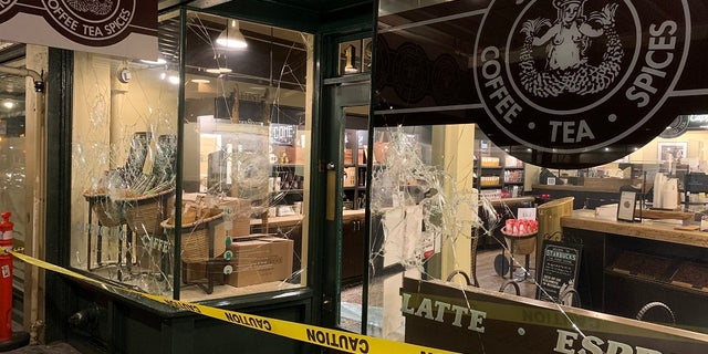 Starbucks' first location was damaged during an anti-Biden protest in Seattle on Wednesday.