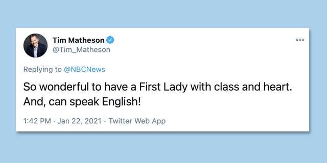 Actress Tim Mathewson had a very subtle exchange with former First Lady Melania Trump while praising her successor Dr. Jill Biden in a deleted tweet.