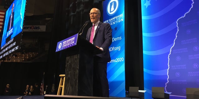 DNC Chair Tom Perez speaks to a Democratic Party gathering in New Hampshire ahead of the 2020 New Hampshire presidential primary