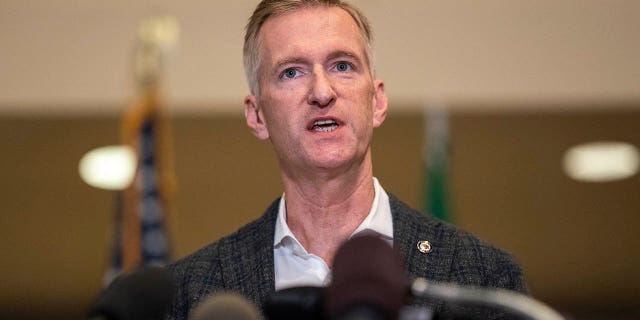 PORTLAND, OR - AUGUST 30: Portland Mayor Ted Wheeler speaks to the media at City Hall on August 30, 2020 in Portland, Oregon. A man was fatally shot Saturday night as a Pro-Trump rally clashed with Black Lives Matter protesters in downtown Portland. (Photo by Nathan Howard/Getty Images)