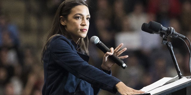 U.S. Rep. Alexandria Ocasio-Cortez, D-N.Y., speaks in Durham, New Hampshire, Feb. 10, 2020. 