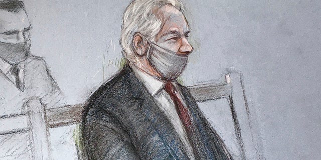 This is Elizabeth Cook’s forensic artist sketch of Julian Assange appearing in Old Bailey, London, on Monday’s London extradition case. (AP)