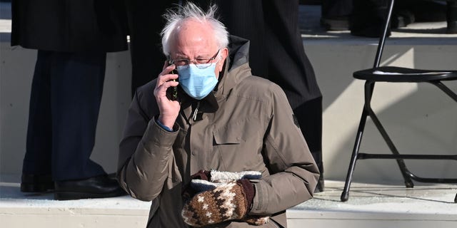 Sen. Bernie Sanders arrives for Joe Biden's inauguration at the U.S. Capitol on Jan. 20, 2021.