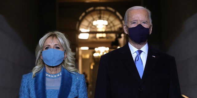 President-elect Joe Biden and Jill Biden arrive at Biden's inauguration on the West Front of the U.S. Capitol on Wednesday, Jan. 20, 2021  in Washington.  