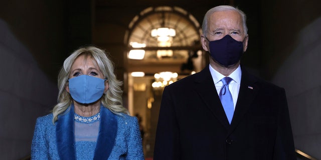 President-elect Joe Biden and Jill Biden arrive at Biden's inauguration on the West Front of the U.S. Capitol on Wednesday, Jan. 20, 2021  in Washington.  