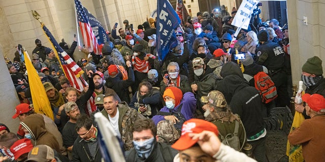 WASHINGTON, DC - JANUARY 06: Protesters supporting U.S. President Donald Trump gather near the east front door of the U.S. Capitol after groups breached the building's security on January 06, 2021 in Washington, DC. (Photo by Win McNamee/Getty Images)