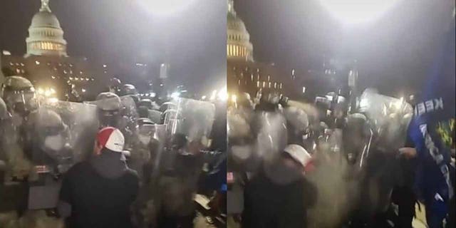 Capsel is allegedly seen clashing with National Guard troops holding the line with riot shields outside the U.S. Capitol. (Justice Department)